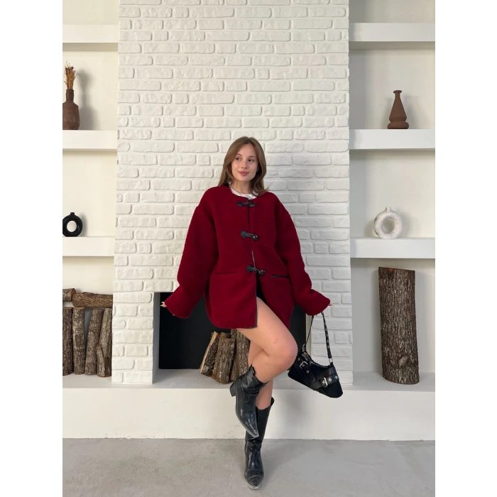 Düğme Detay Teddy Oversize Ceket Bordo