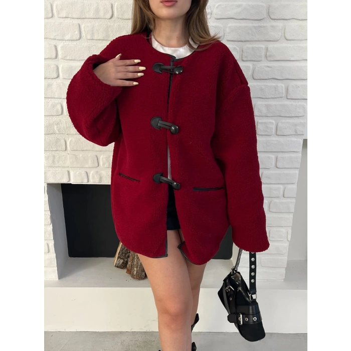 Düğme Detay Teddy Oversize Ceket Bordo