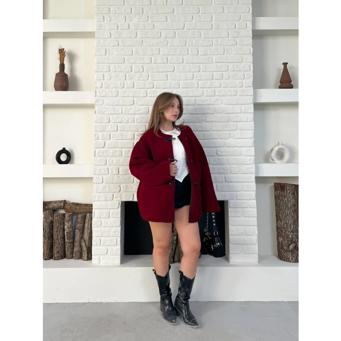 Düğme Detay Teddy Oversize Ceket Bordo