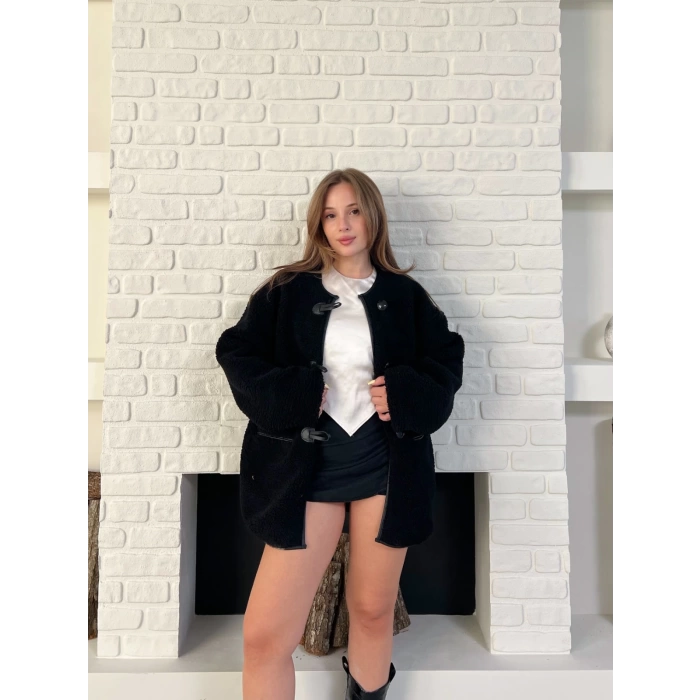 Düğme Detay Teddy Oversize Ceket Siyah