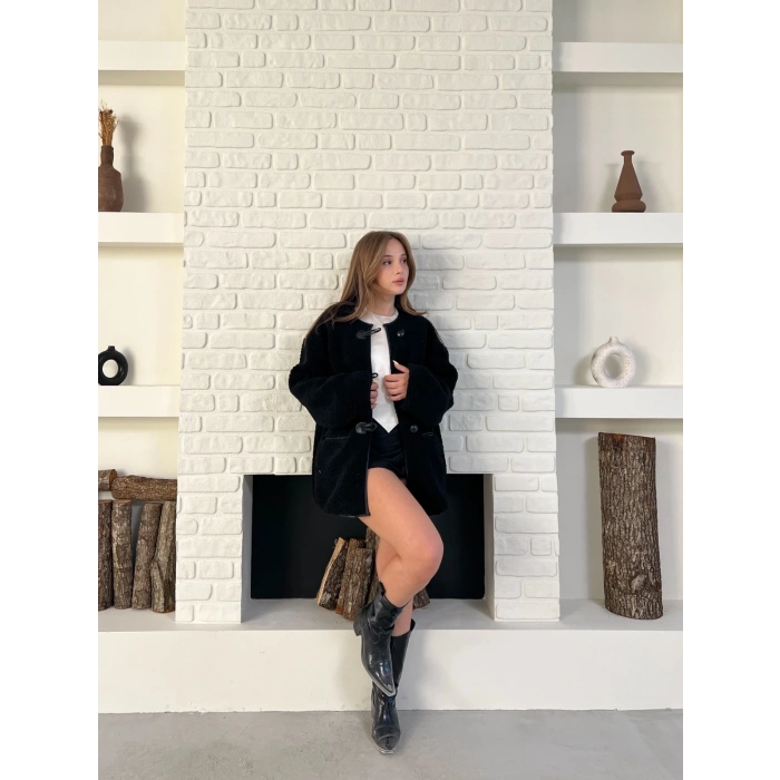 Düğme Detay Teddy Oversize Ceket Siyah