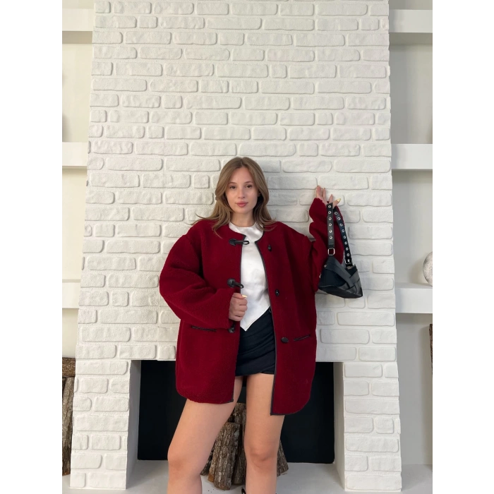 Düğme Detay Teddy Oversize Ceket Bordo