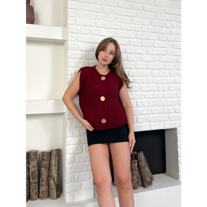 Düğme Detay Triko Yelek Bordo
