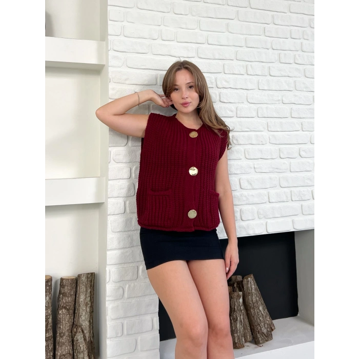 Düğme Detay Triko Yelek Bordo