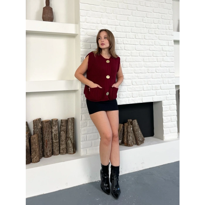 Düğme Detay Triko Yelek Bordo