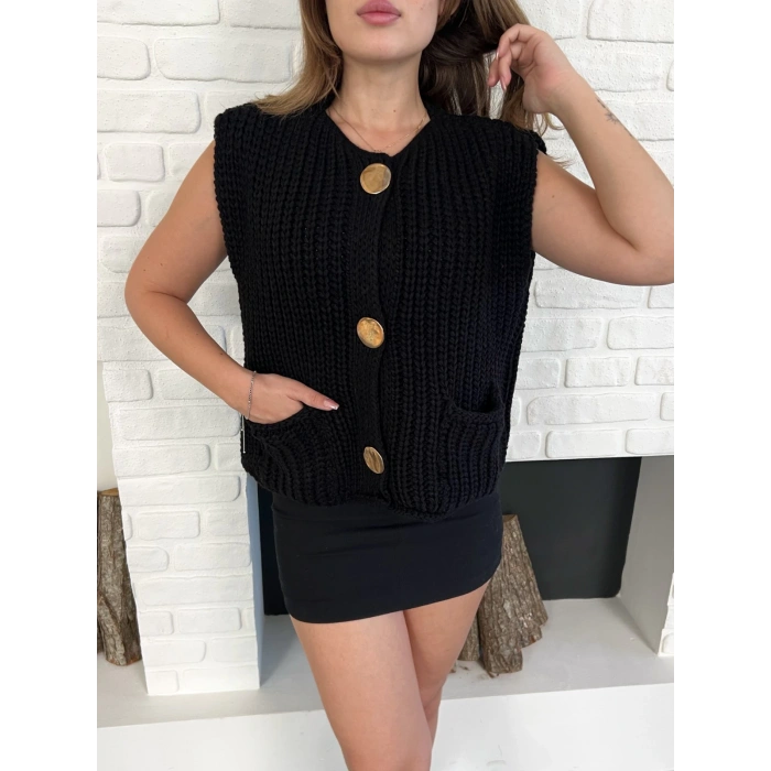 Düğme Detay Triko Yelek Siyah