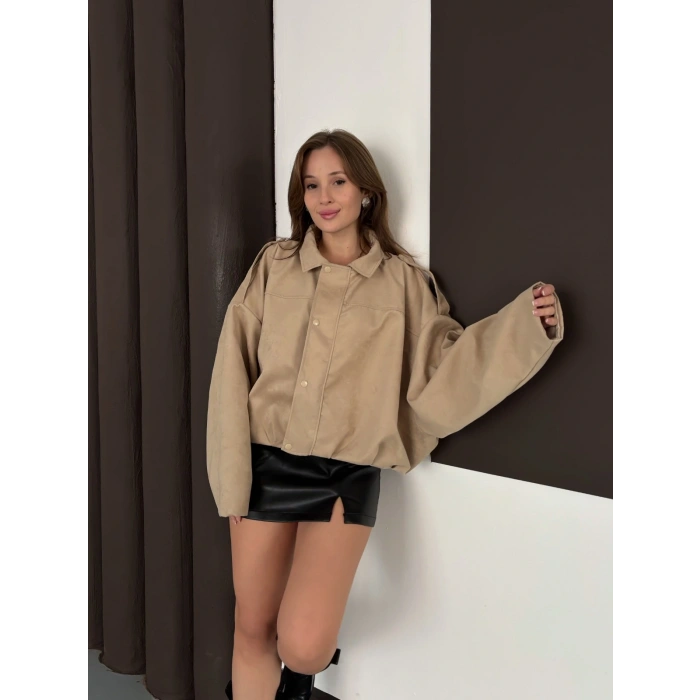 Düğme Detaylı Bomber Nubuk Ceket Bej