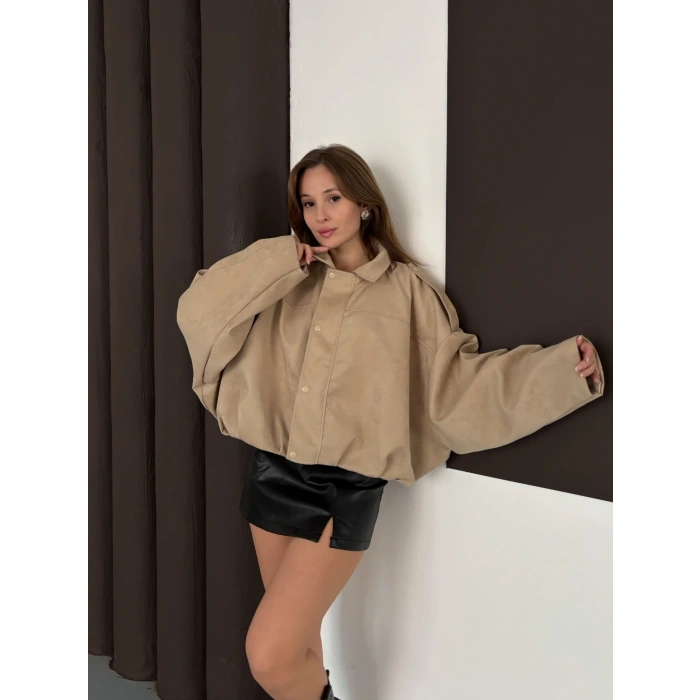 Düğme Detaylı Bomber Nubuk Ceket Bej