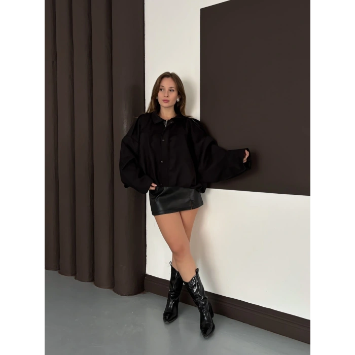 Düğme Detaylı Bomber Nubuk Ceket Siyah