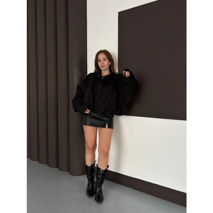 Düğme Detaylı Bomber Nubuk Ceket Siyah