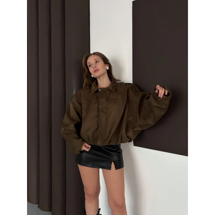 Düğme Detaylı Bomber Nubuk Ceket Yeşil