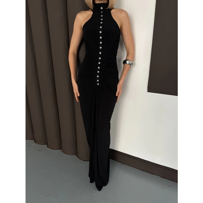 Düğme Detaylı C Yaka Uzun Elbise Siyah