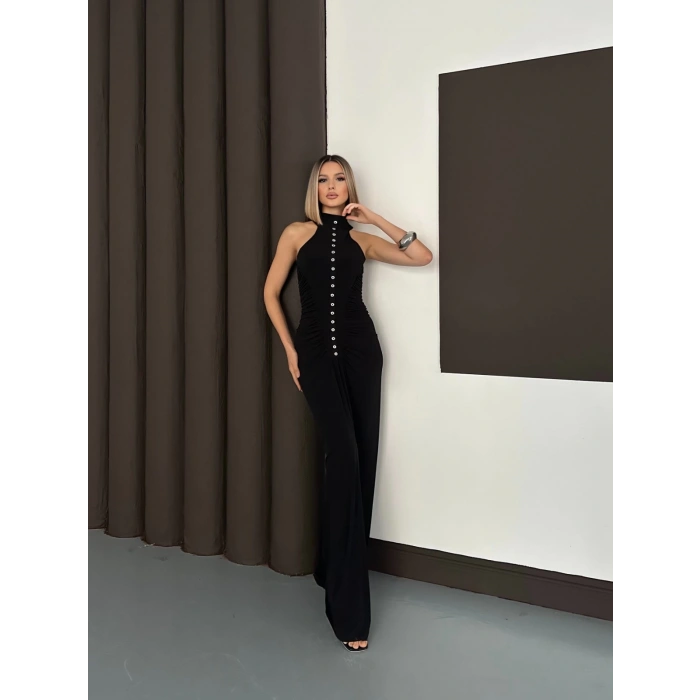 Düğme Detaylı C Yaka Uzun Elbise Siyah