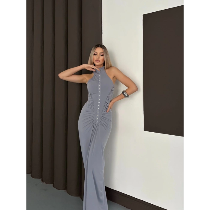 Düğme Detaylı C Yaka Uzun Elbise Gri