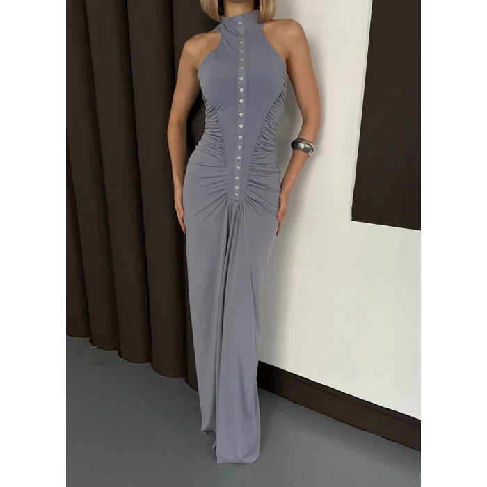 Düğme Detaylı C Yaka Uzun Elbise Gri