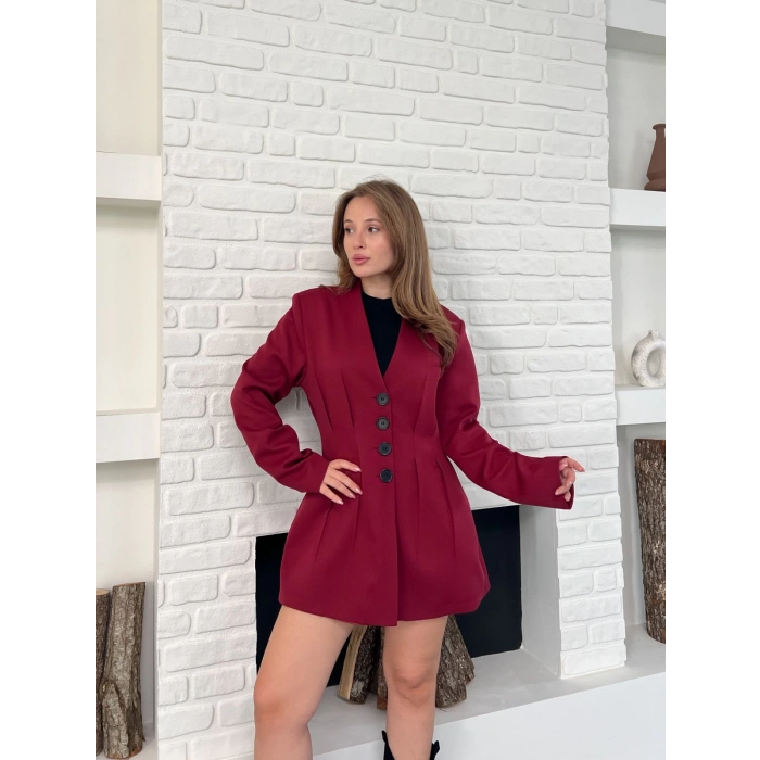 Düğme Detaylı Ceket Elbise Bordo