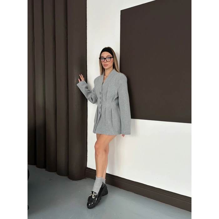 Düğme Detaylı Ceket Elbise Gri
