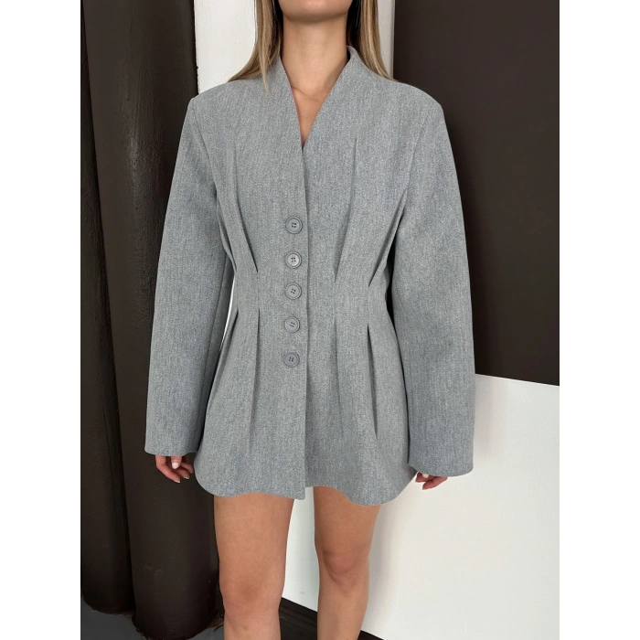 Düğme Detaylı Ceket Elbise Gri