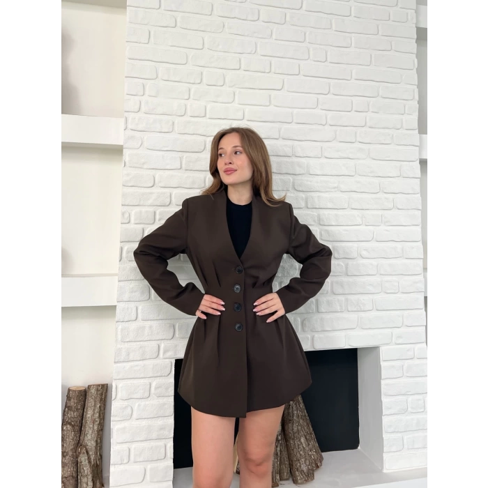 Düğme Detaylı Ceket Elbise Kahverengi