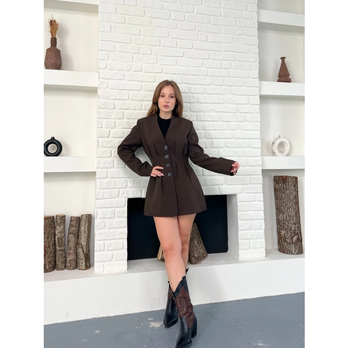 Düğme Detaylı Ceket Elbise Kahverengi
