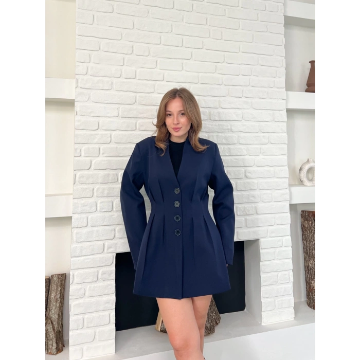 Düğme Detaylı Ceket Elbise Lacivert
