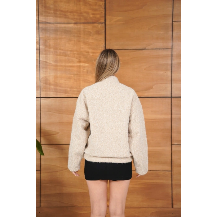 Düğme Detaylı Cepli Bomber Kaşe Ceket Bej