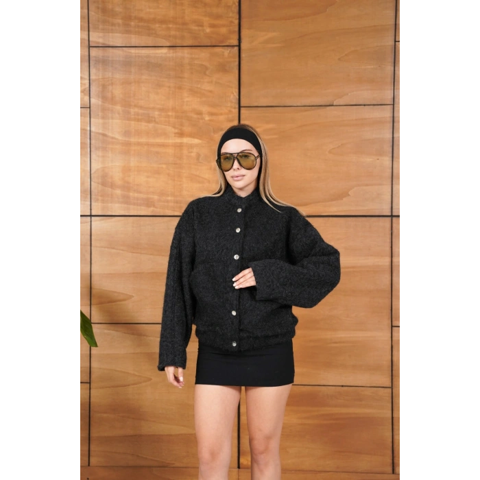 Düğme Detaylı Cepli Bomber Kaşe Ceket Siyah