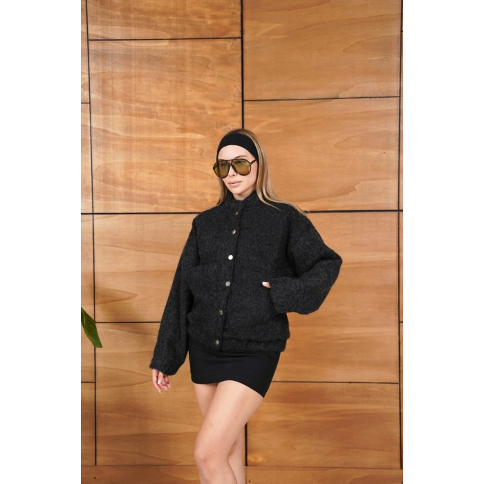 Düğme Detaylı Cepli Bomber Kaşe Ceket Siyah