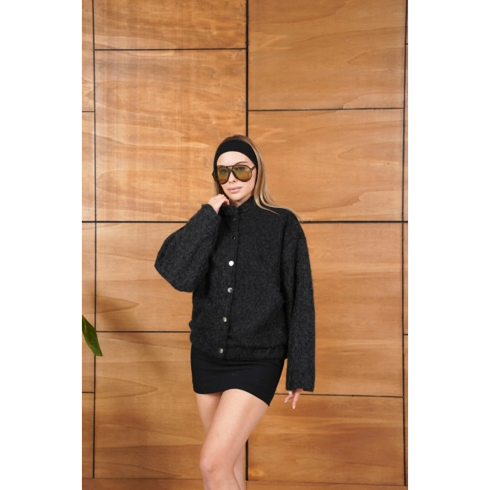 Düğme Detaylı Cepli Bomber Kaşe Ceket Siyah