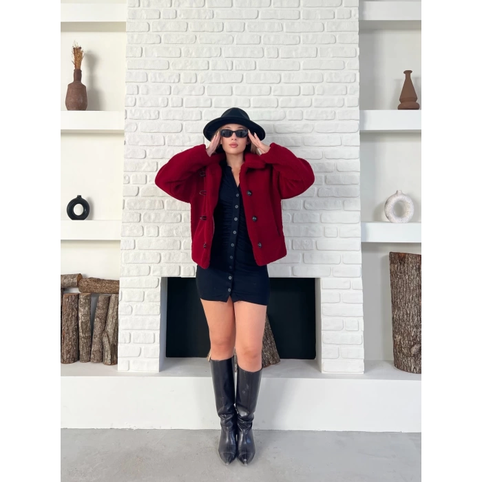 Düğme Detaylı Cepli Peluş Kaban Bordo