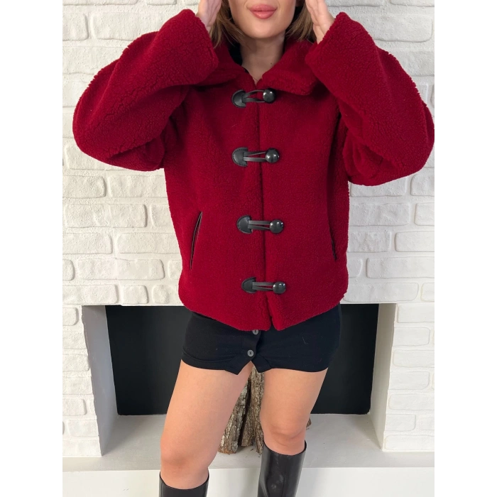 Düğme Detaylı Cepli Peluş Kaban Bordo