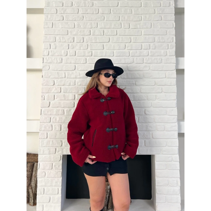 Düğme Detaylı Cepli Peluş Kaban Bordo