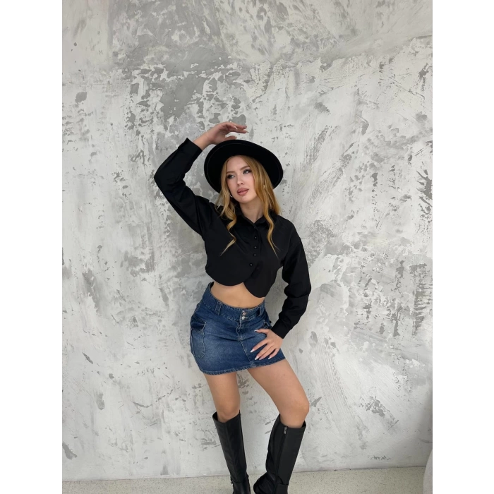 Düğme Detaylı Crop Gömlek Siyah