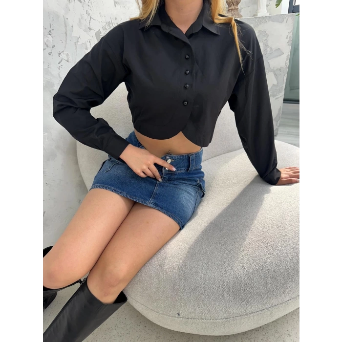 Düğme Detaylı Crop Gömlek Siyah