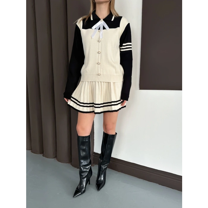 Düğme Detaylı İkili Triko Etekli İkili Set Beyaz