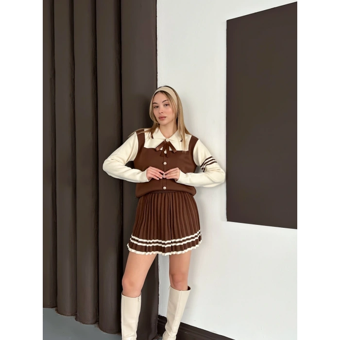 Düğme Detaylı İkili Triko Etekli İkili Set Kahve