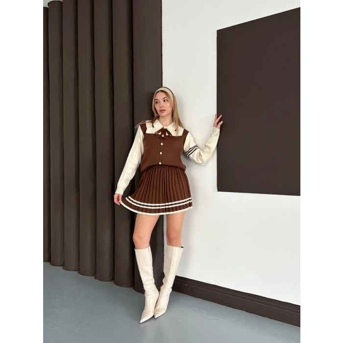 Düğme Detaylı İkili Triko Etekli İkili Set Kahve