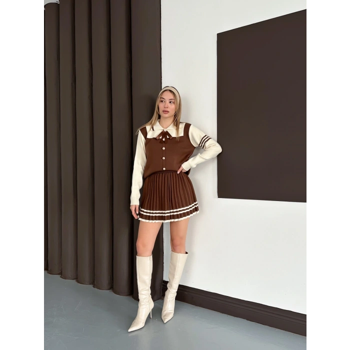 Düğme Detaylı İkili Triko Etekli İkili Set Kahve