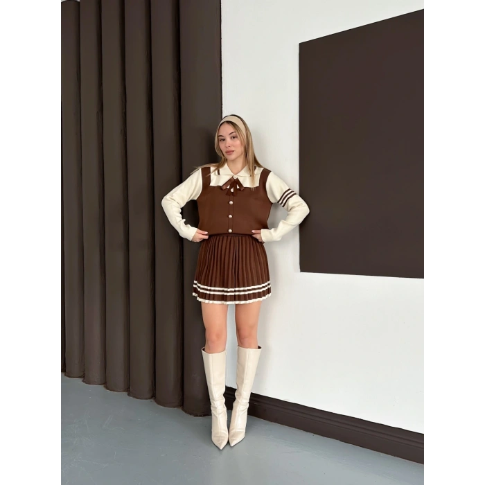 Düğme Detaylı İkili Triko Etekli İkili Set Kahve