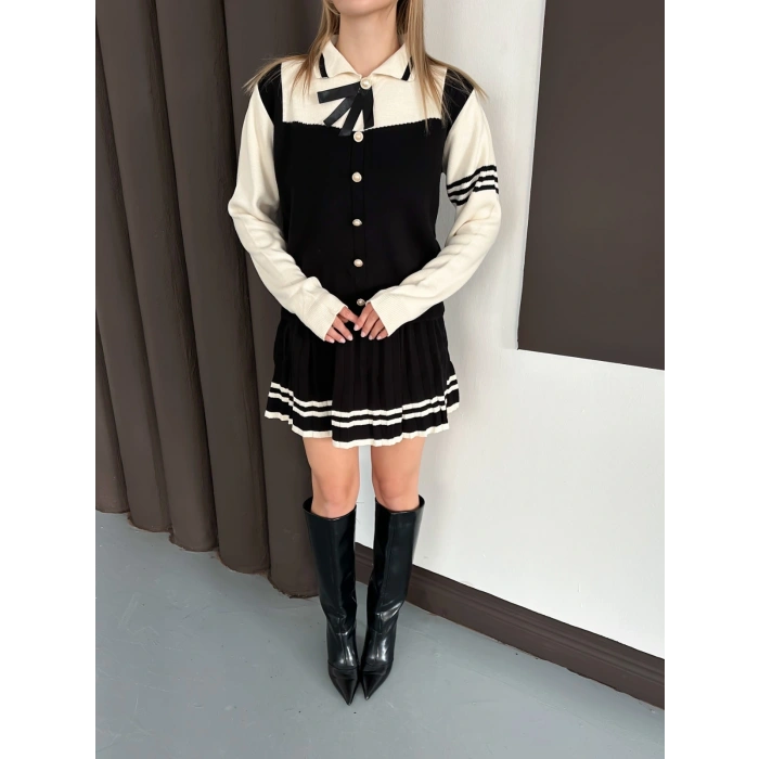 Düğme Detaylı İkili Triko Etekli İkili Set Siyah