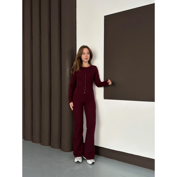 Düğme Detaylı İspanyol Paça İkili Set Bordo