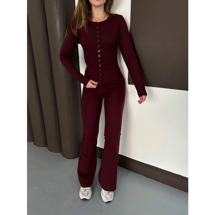 Düğme Detaylı İspanyol Paça İkili Set Bordo