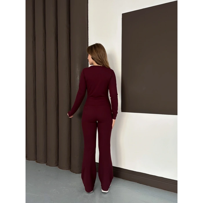 Düğme Detaylı İspanyol Paça İkili Set Bordo