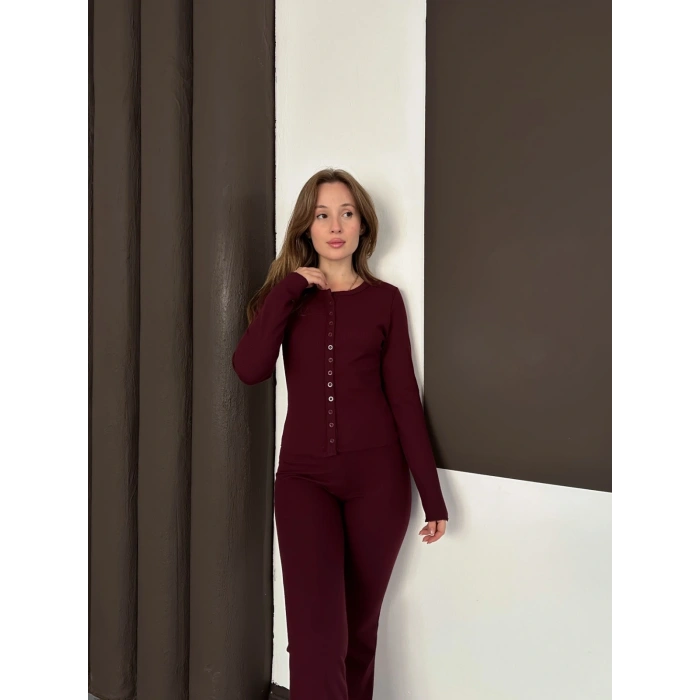 Düğme Detaylı İspanyol Paça İkili Set Bordo