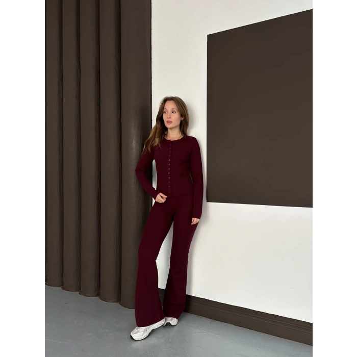 Düğme Detaylı İspanyol Paça İkili Set Bordo