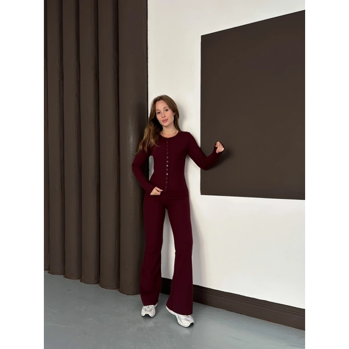Düğme Detaylı İspanyol Paça İkili Set Bordo