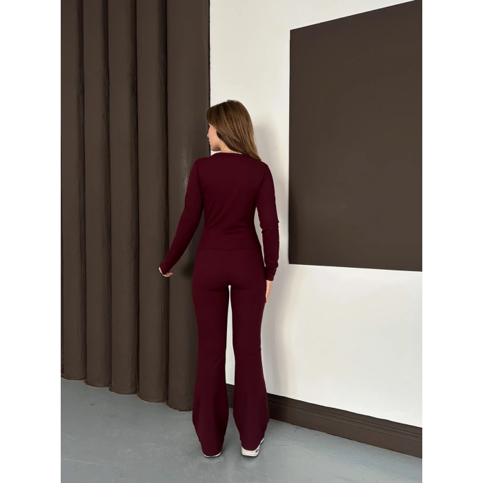 Düğme Detaylı İspanyol Paça İkili Set Bordo