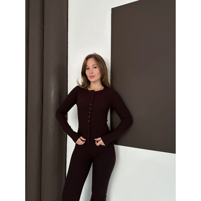 Düğme Detaylı İspanyol Paça İkili Set Kahverengi