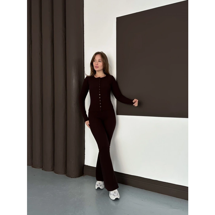 Düğme Detaylı İspanyol Paça İkili Set Kahverengi