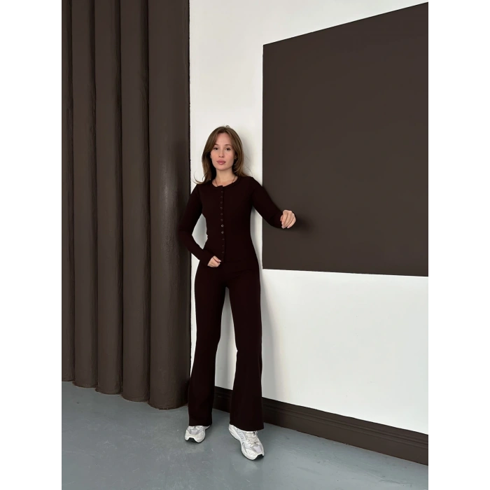 Düğme Detaylı İspanyol Paça İkili Set Kahverengi